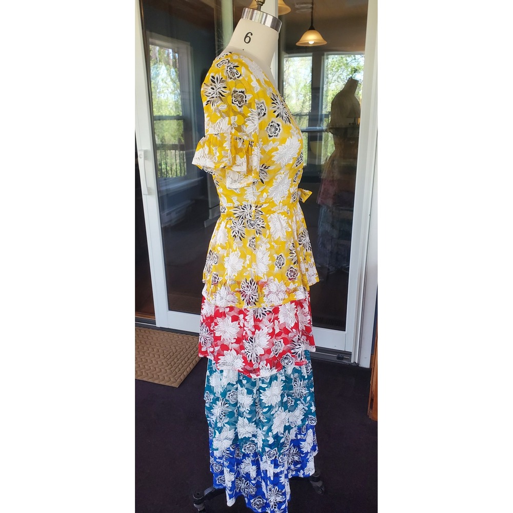 L'atiste by Amy Womens Floral Tiered Maxi Dress Yellow Red Blue S - Picture 4 of 7